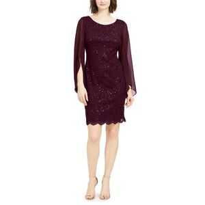 CONNECTED APPAREL Womens Purple Stretch Lace Sequined Scalloped Hem Floral Flutt